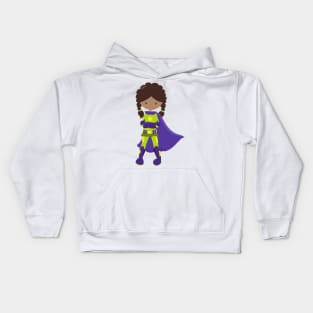 African American Girl, Superhero Girl, Purple Cape Kids Hoodie